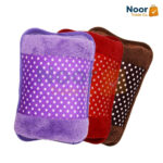 A collection of colorful polka-dot electric hot water bags with charging accessories for pain relief
