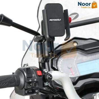 MOTOWOLF black mobile phone holder for motorcycles and bicycles shown next to its original retail packaging