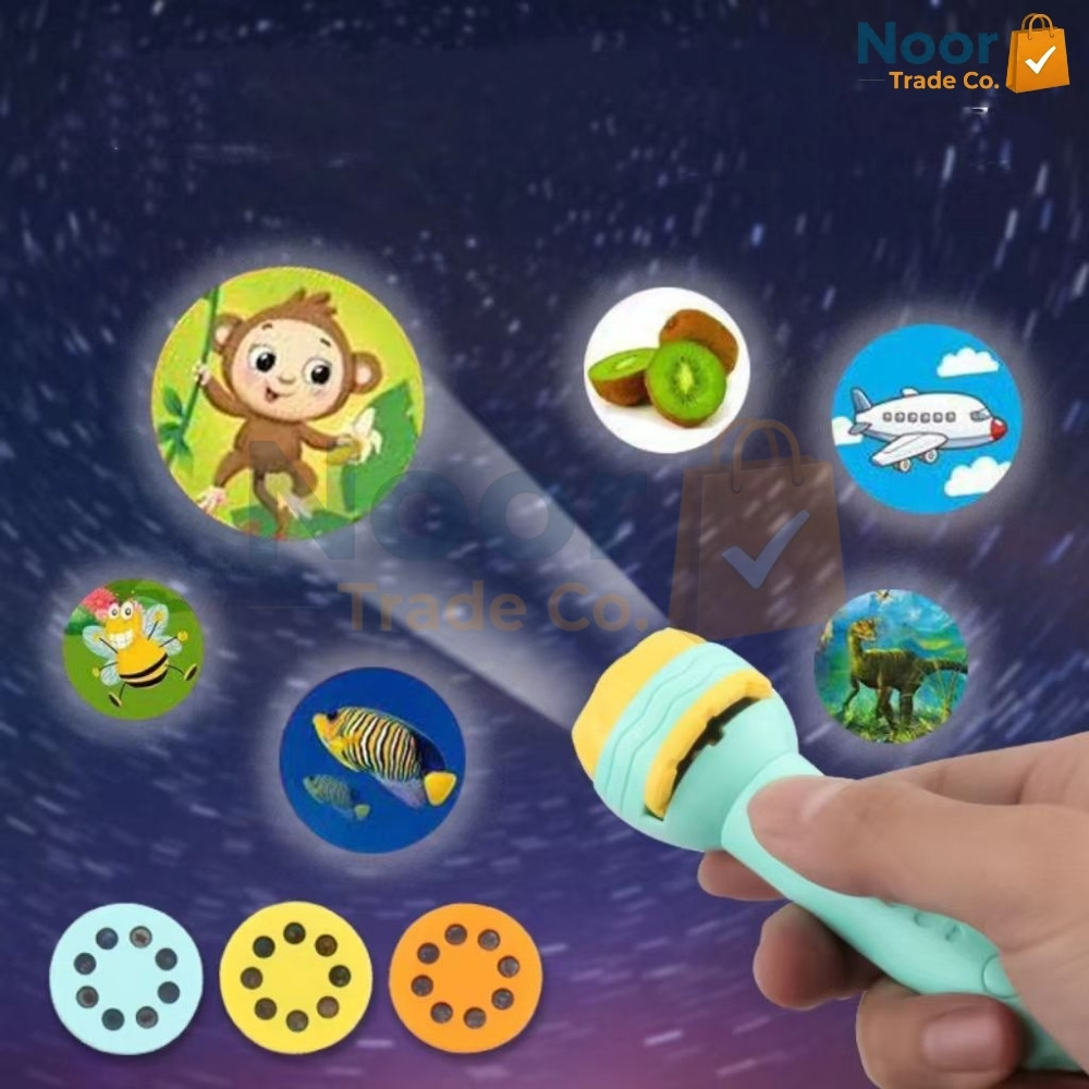 Untitled design (25) A child holding a teal projection flashlight projecting a cartoon monkey, airplane, and dinosaur images onto a dark background