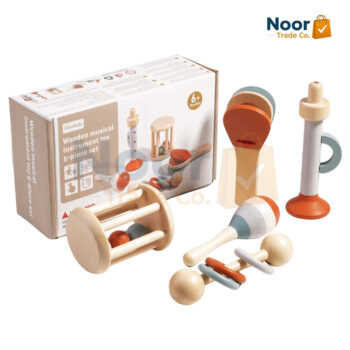 A 5-piece eco-friendly wooden toddler musical instrument kit including rattles, shakers, and bells on a white background