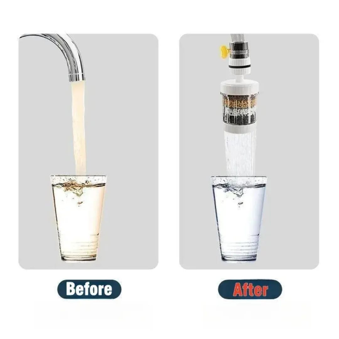 universal-faucet-water-purifier-box Three 6-layer kitchen water faucet filters in green, blue, and pink showing the internal filtration stone